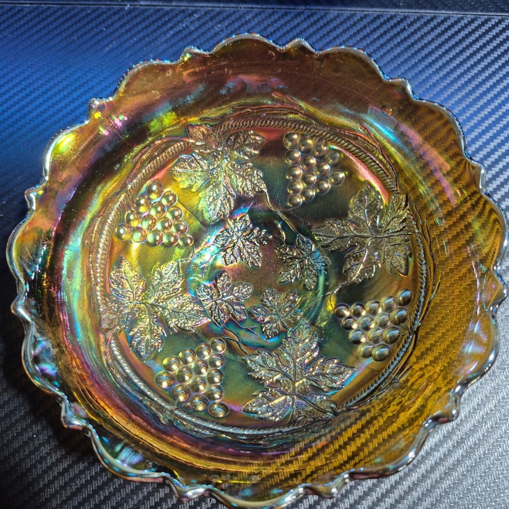 Vintage Fenton Bowl/Dish, Iridescent Grape & Cable Ruffled Carnival Glass 6.25"